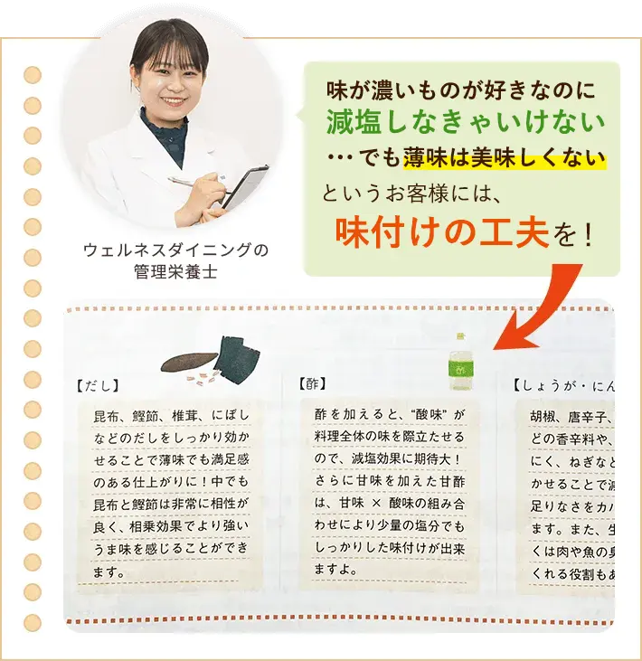 味が濃いものが好きなのに減塩しなきゃいけない…でも薄味は美味しくない というお客様には、味付けの工夫を!